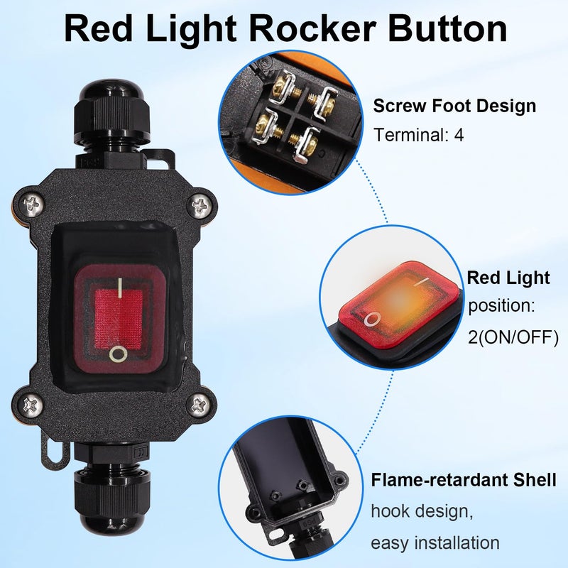 Bemaka IP67 Waterproof Inline Switch 12V DC 20A 4Pin 2 Position On/Off Toggle Switch with 14 AWG Wire Outdoor Inline Cord Switch with Red LED Rocker Button - Image 4